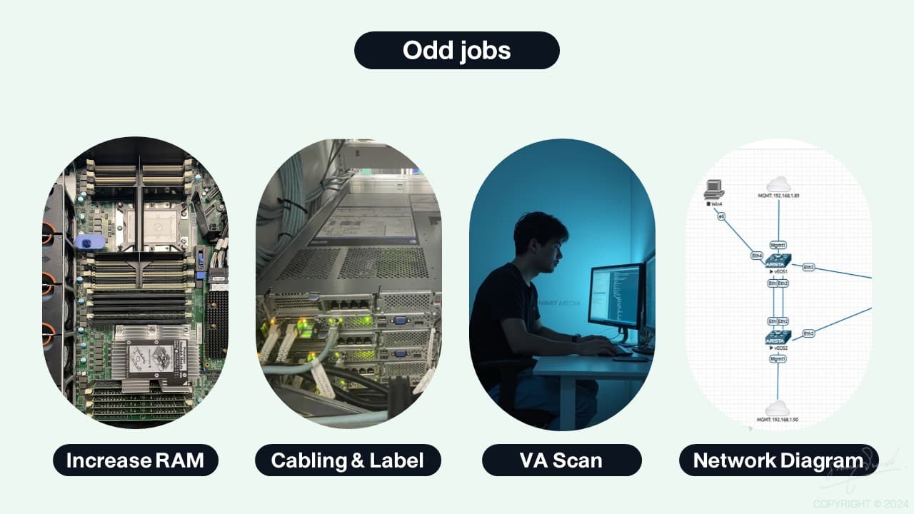 RAM, cabling, VA scan, network diagram